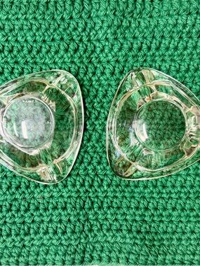 Vintage MCM Triangular Ashtrays Engraved Reims France Heavy Clear Glass